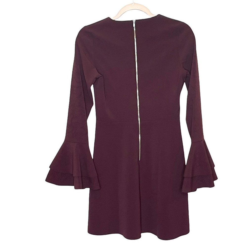 PARKER Orlando Laser Cut Bell Ruffle long Sleeve Dress Raisin Sheath Red 0 New - Picture 7 of 14